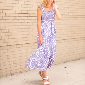 Smocked Bodice Flower Print Maxi Dress
